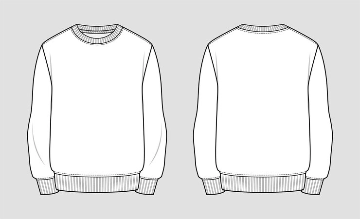 Technical sketch of a long-sleeve sweatshirt, showing its design and construction details.